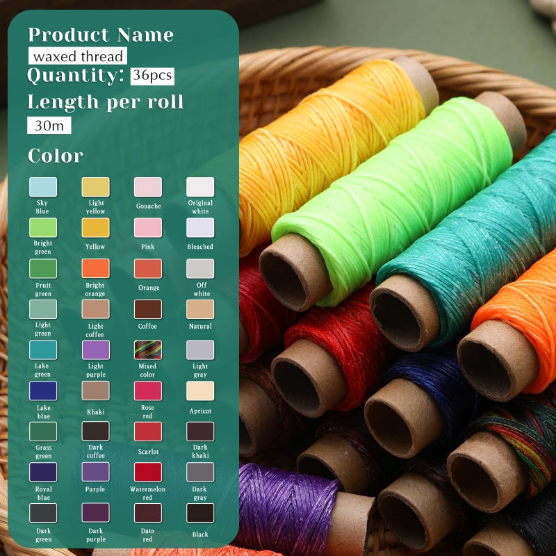 JUPEAN 36 Colors Waxed Thread for Leather Sewing, 1188 Yards Colorful Leather Thread, 33 Yards Per Color Waxed Polyester Cord, Sewing Threads, Hand Stitching Threads for Hand Sewing - Image 2